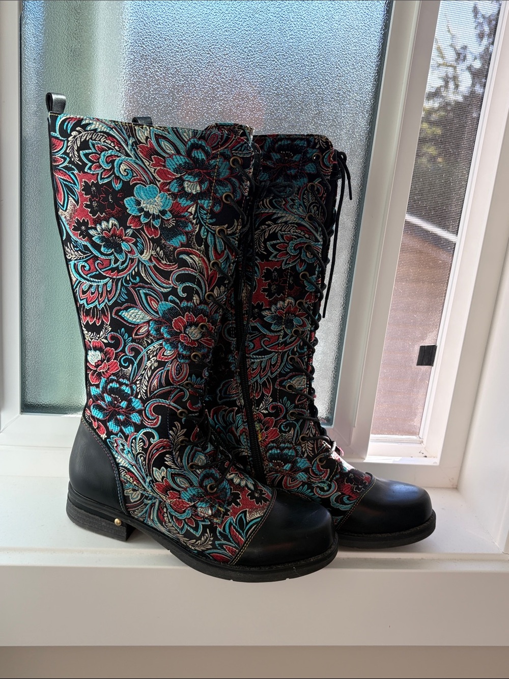 Floral Lace-Up Mid-Calf Boots - Black with Teal & Red